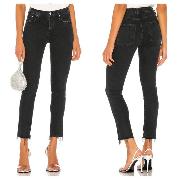 Agolde Denim - Agolde Toni Mid Rise Cropped Straight Jeans Feral Washed Black Denim Raw Hem 24